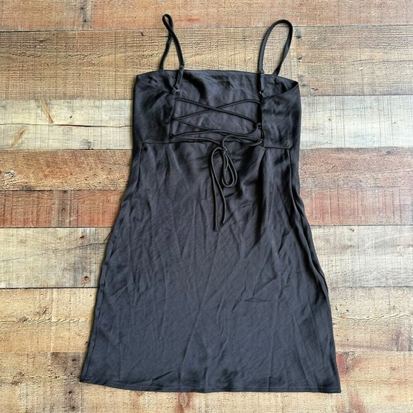 Princess Polly Sleek Black Spaghetti Strap Lace Up Back Mini Dress Size 6 - Picture 9 of 11